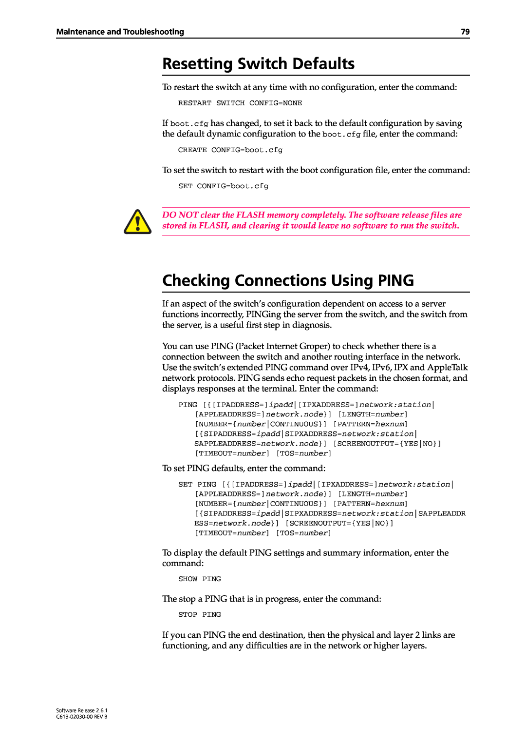 Allied Telesis at-8700xl series switch manual Resetting Switch Defaults, Checking Connections Using PING 