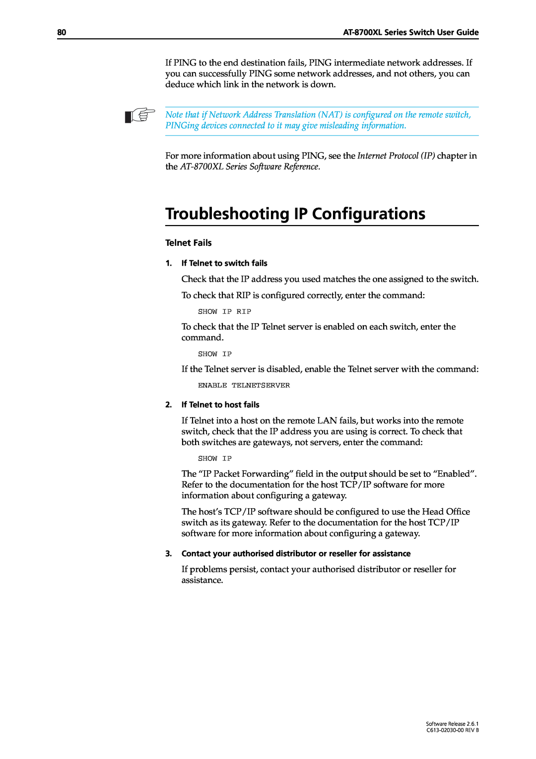Allied Telesis at-8700xl series switch manual Troubleshooting IP Configurations, Telnet Fails 