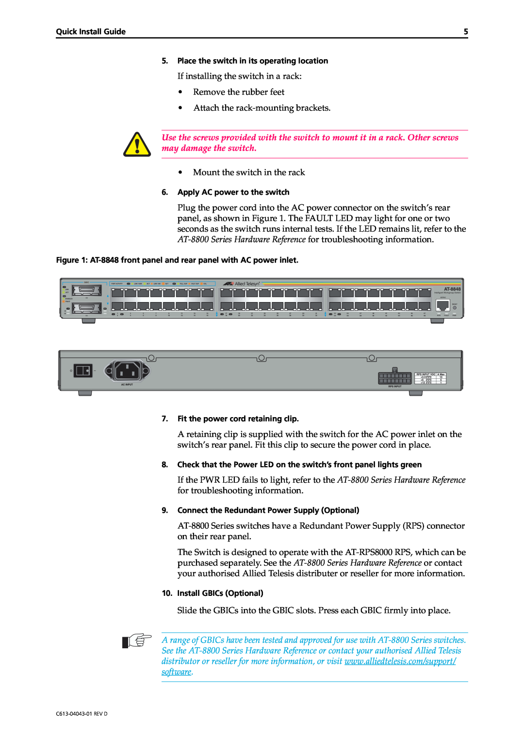 Allied Telesis AT-8848, AT-8800 Series, AT-8824 manual If installing the switch in a rack Remove the rubber feet 