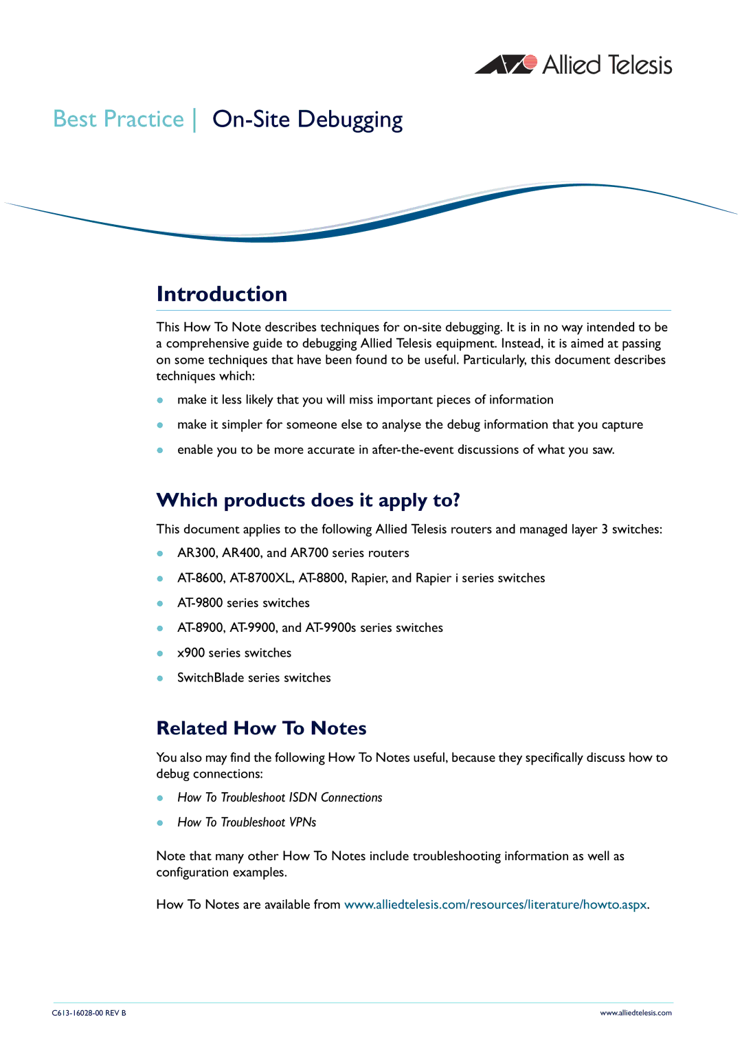 Allied Telesis AT-8900 Series manual Best Practice On-Site Debugging, Introduction 