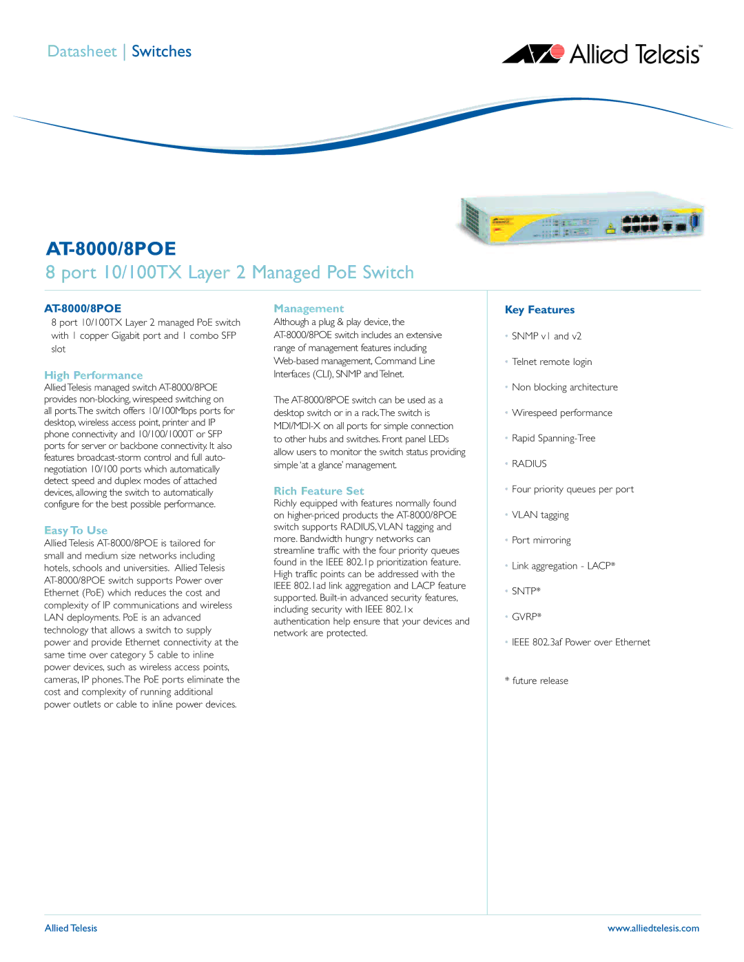 Allied Telesis AT-8POE manual High Performance, Easy To Use, Management, Rich Feature Set 