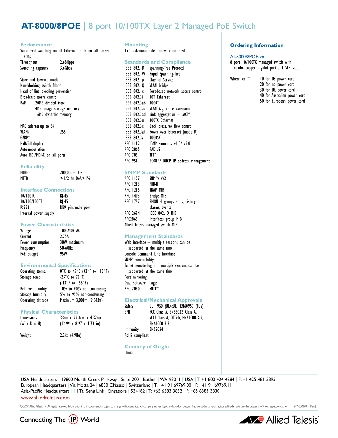 Allied Telesis AT-8POE Performance, Reliability, Interface Connections, Power Characteristics, Physical Characteristics 