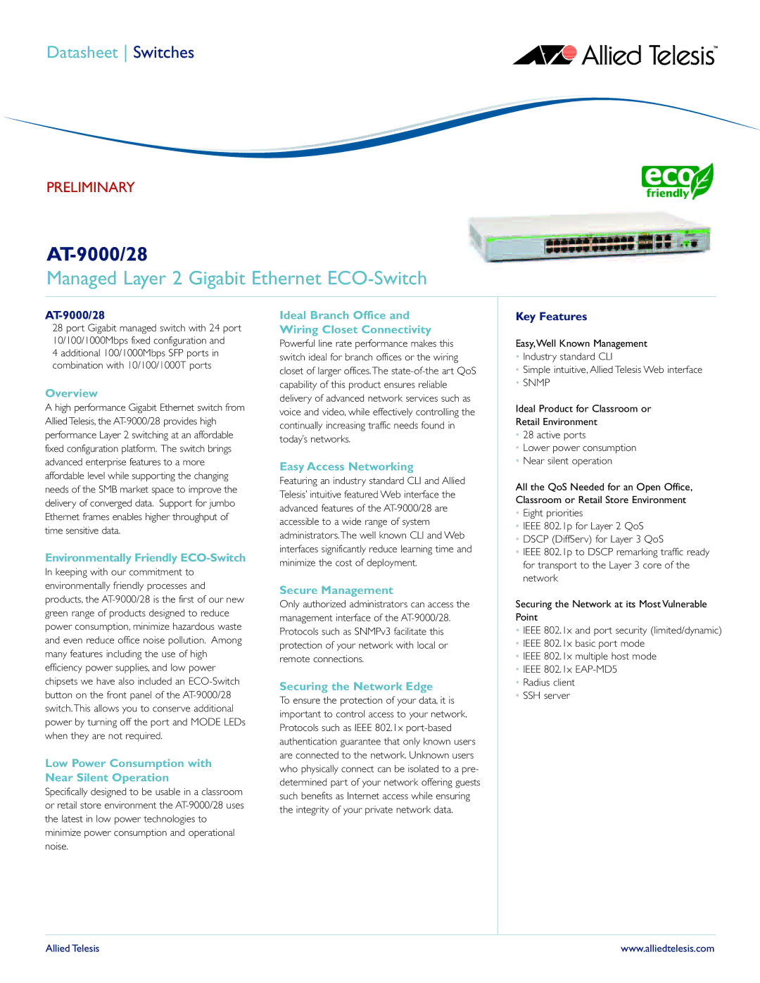 Allied Telesis 28, AT-9000 manual Managed Layer 2 Gigabit Ethernet ECO-Switch 