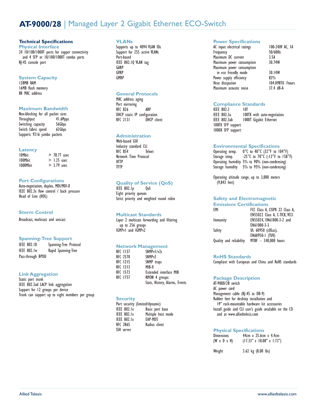 Allied Telesis manual AT-9000/28 Managed Layer 2 Gigabit Ethernet ECO-Switch 