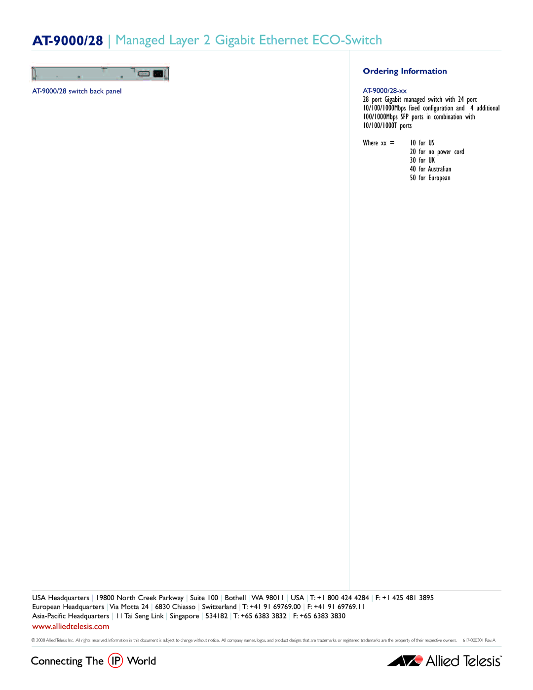 Allied Telesis 28, AT-9000 manual Ordering Information, For European 