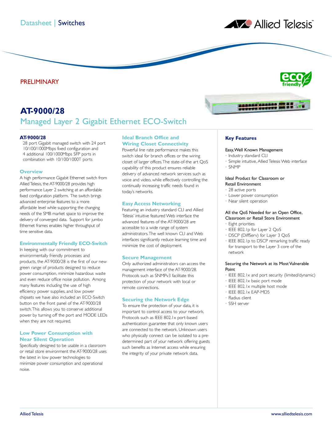 Allied Telesis manual Managed Layer 2 Gigabit Ethernet ECO-Switch, AT-9000/28, Key Features, Datasheet Switches 