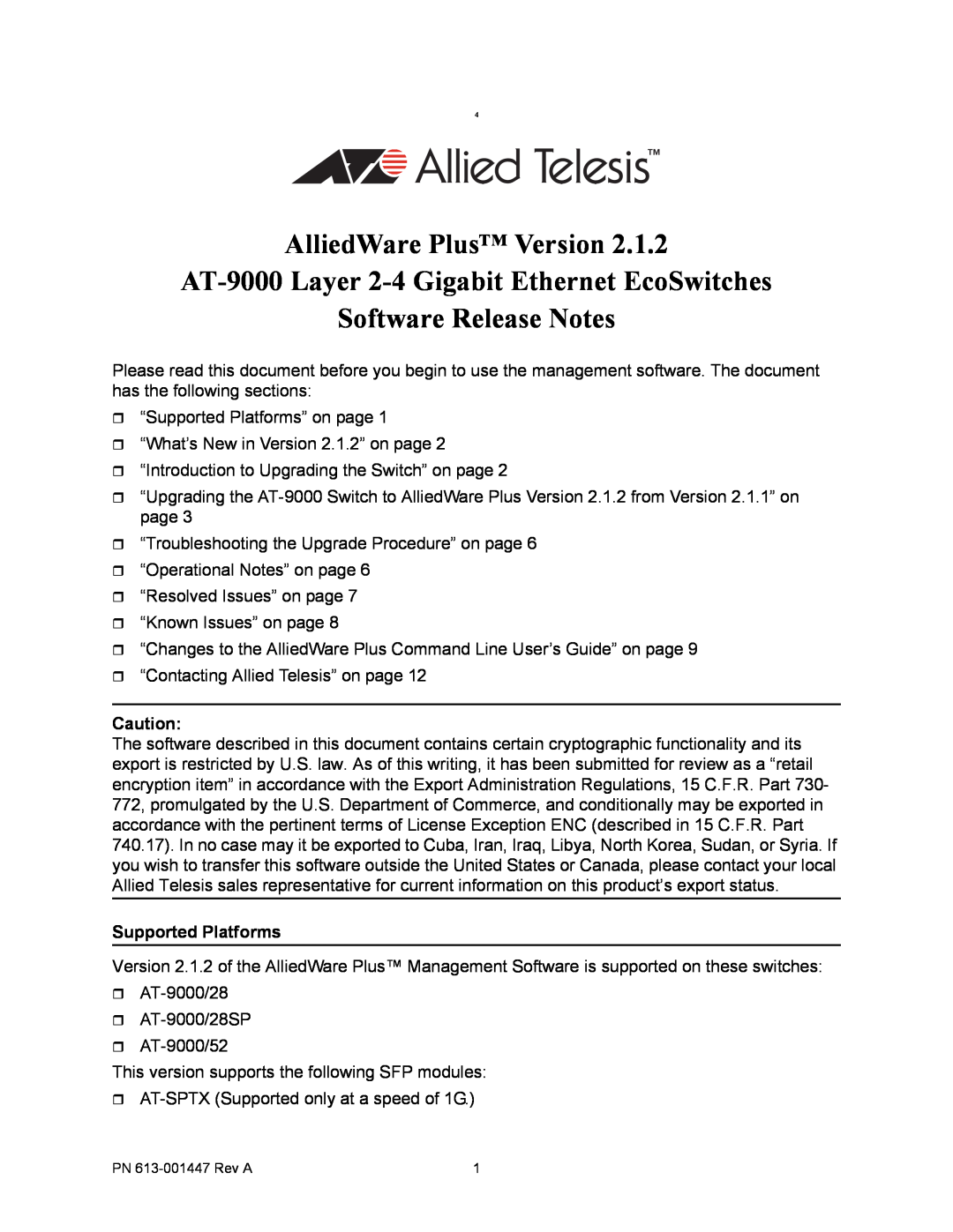 Allied Telesis AT-9000 manual Supported Platforms, AlliedWare Plus Version 