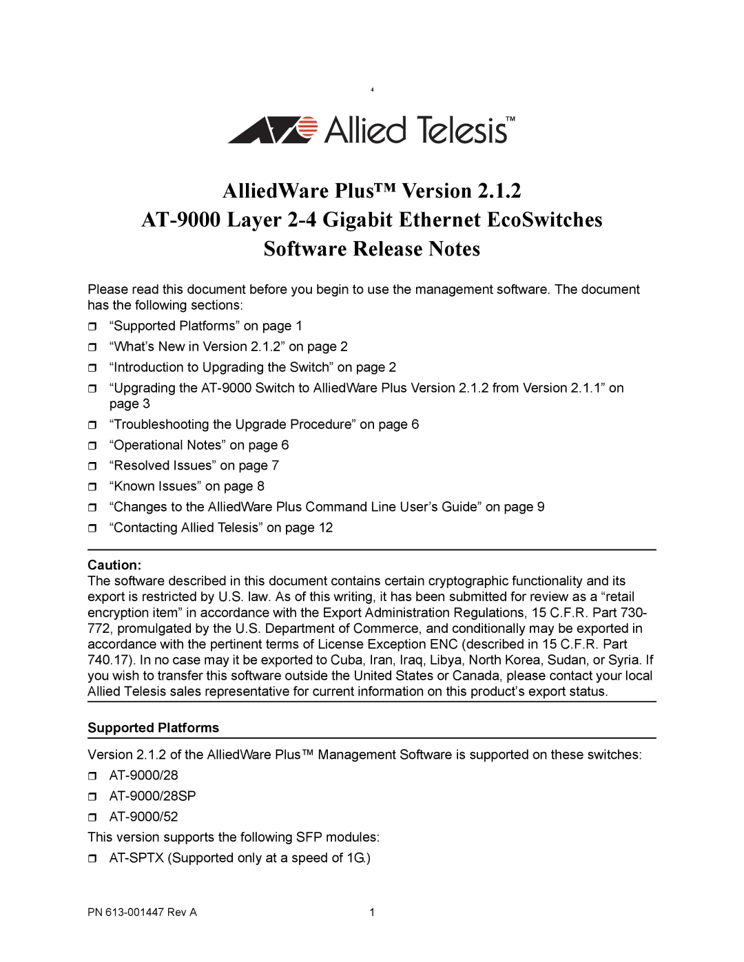 Allied Telesis AT-9000 manual Supported Platforms 