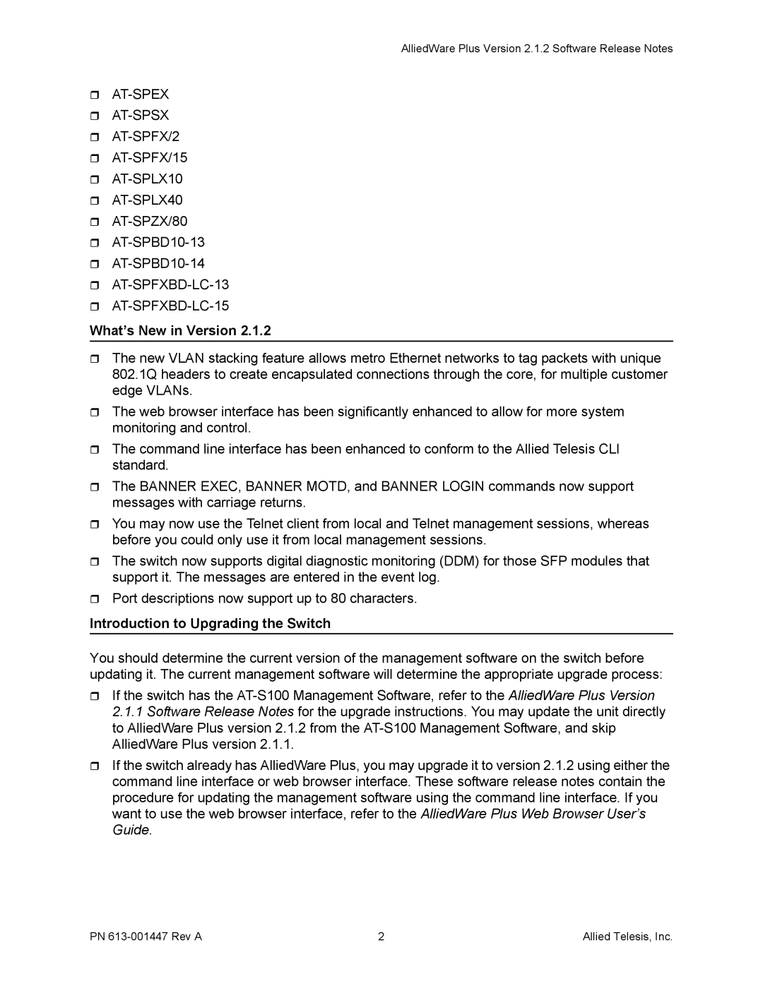 Allied Telesis AT-9000 manual ˆ AT-SPFX/15, ˆ AT-SPZX/80 ˆ AT-SPBD10-13 ˆ AT-SPBD10-14, What’s New in Version 