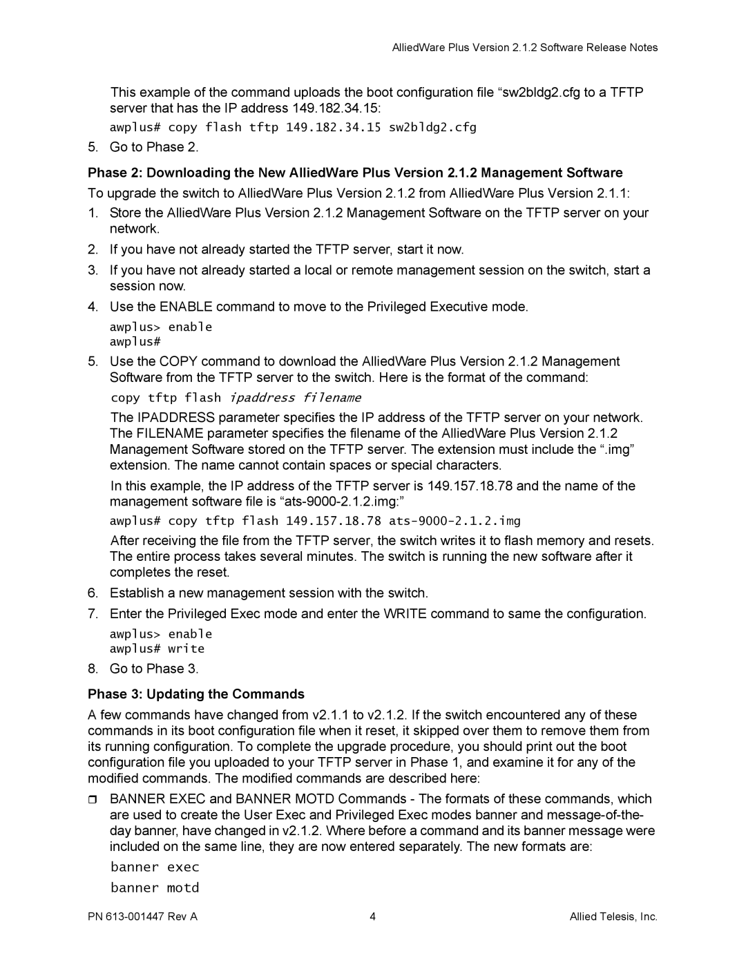 Allied Telesis AT-9000 manual Go to Phase, Phase 3 Updating the Commands 