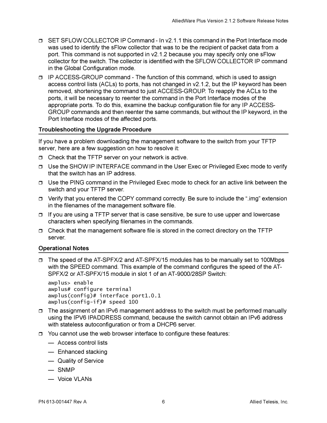 Allied Telesis AT-9000 manual Troubleshooting the Upgrade Procedure, Operational Notes, Voice VLANs 