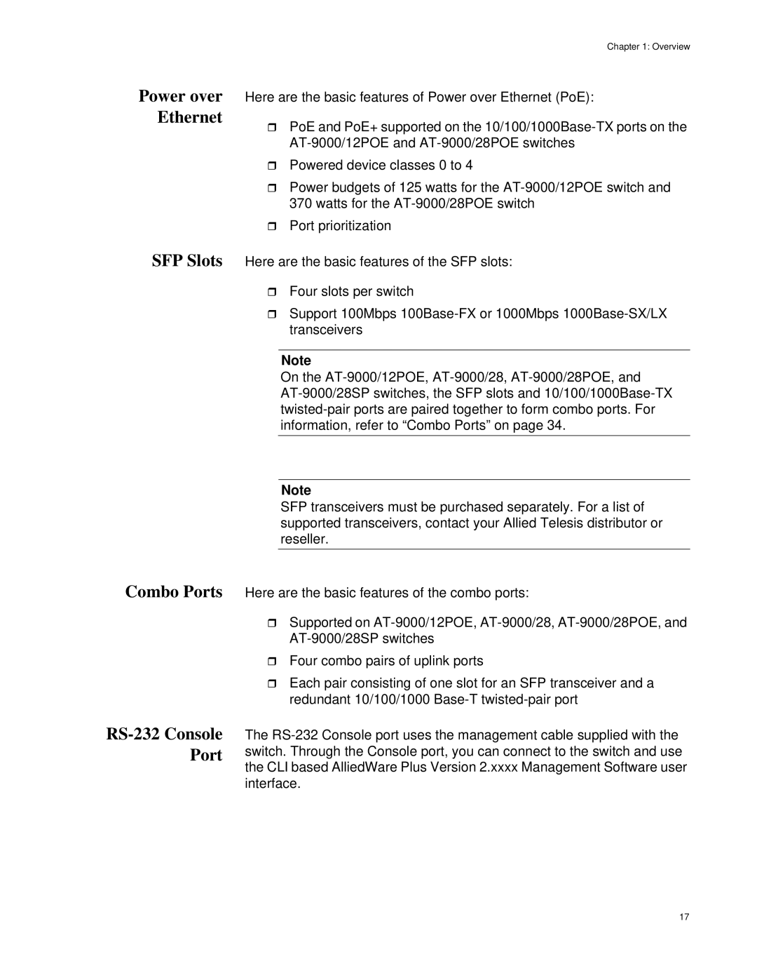 Allied Telesis AT-9000/28POE, AT-9000/12POE manual Power over Ethernet, RS-232 Console Port 