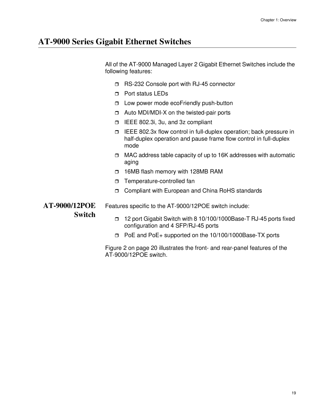 Allied Telesis AT-9000/28POE manual AT-9000 Series Gigabit Ethernet Switches, AT-9000/12POE Switch 