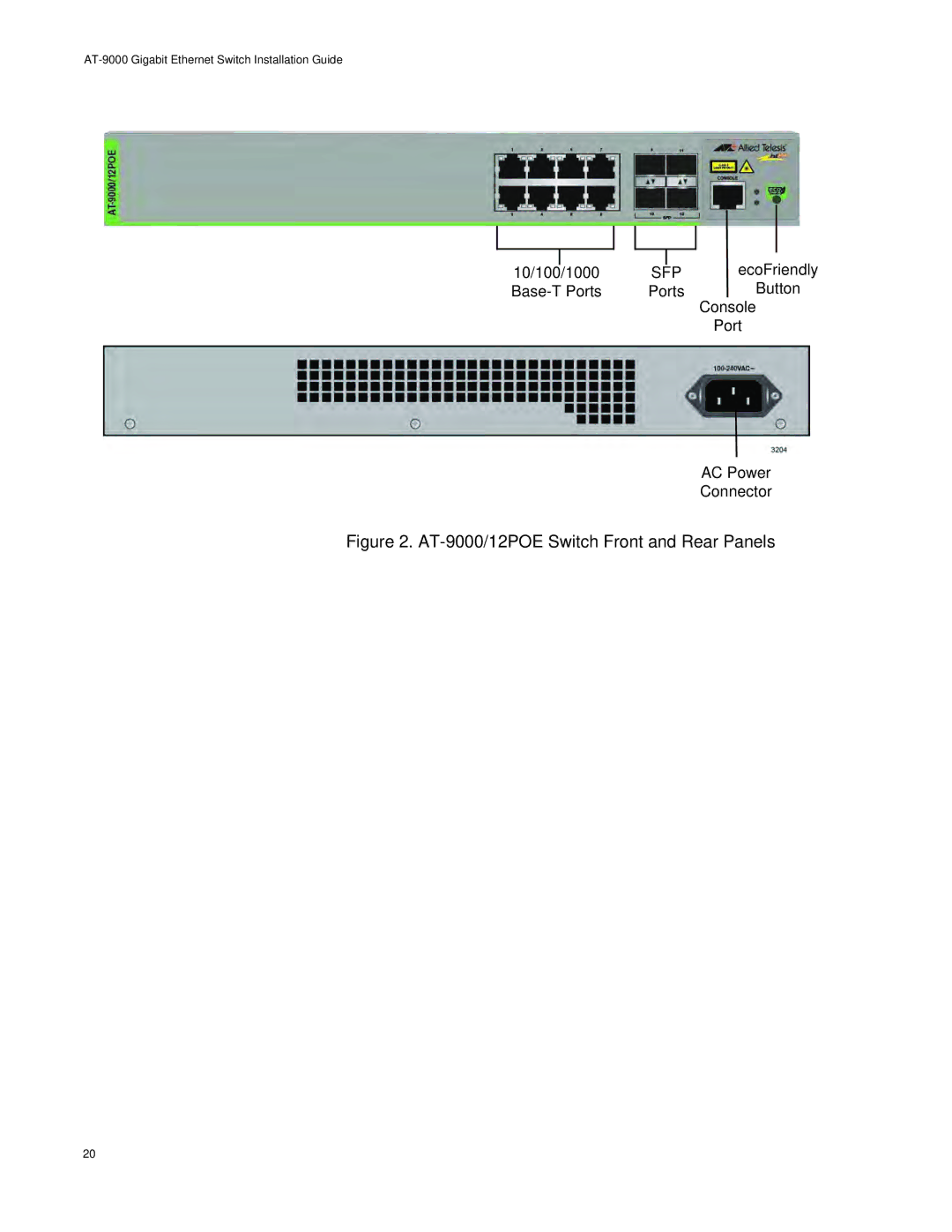 Allied Telesis AT-9000/28POE manual AT-9000/12POE Switch Front and Rear Panels 