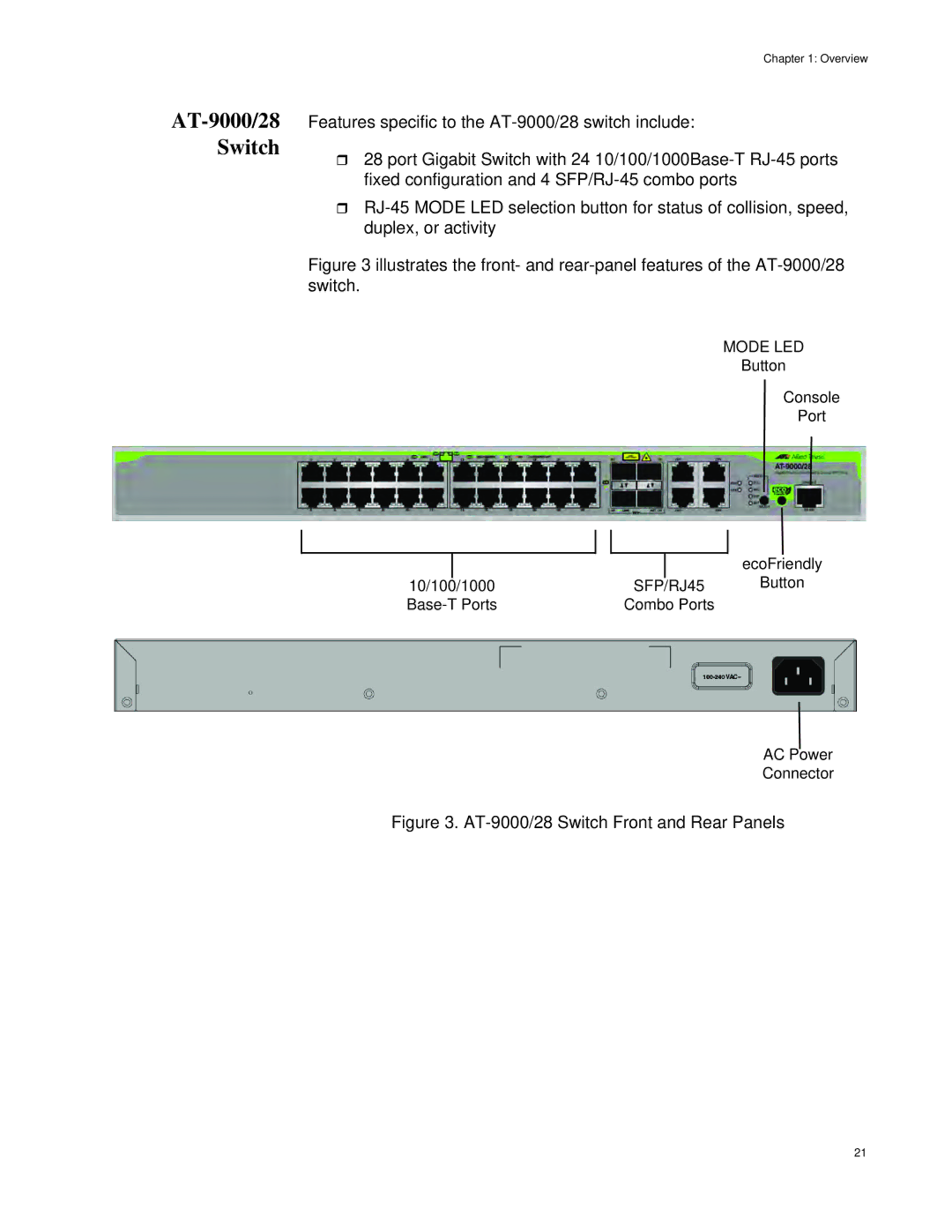 Allied Telesis AT-9000/28POE, AT-9000/12POE manual AT-9000/28 Switch, SFP/RJ45 