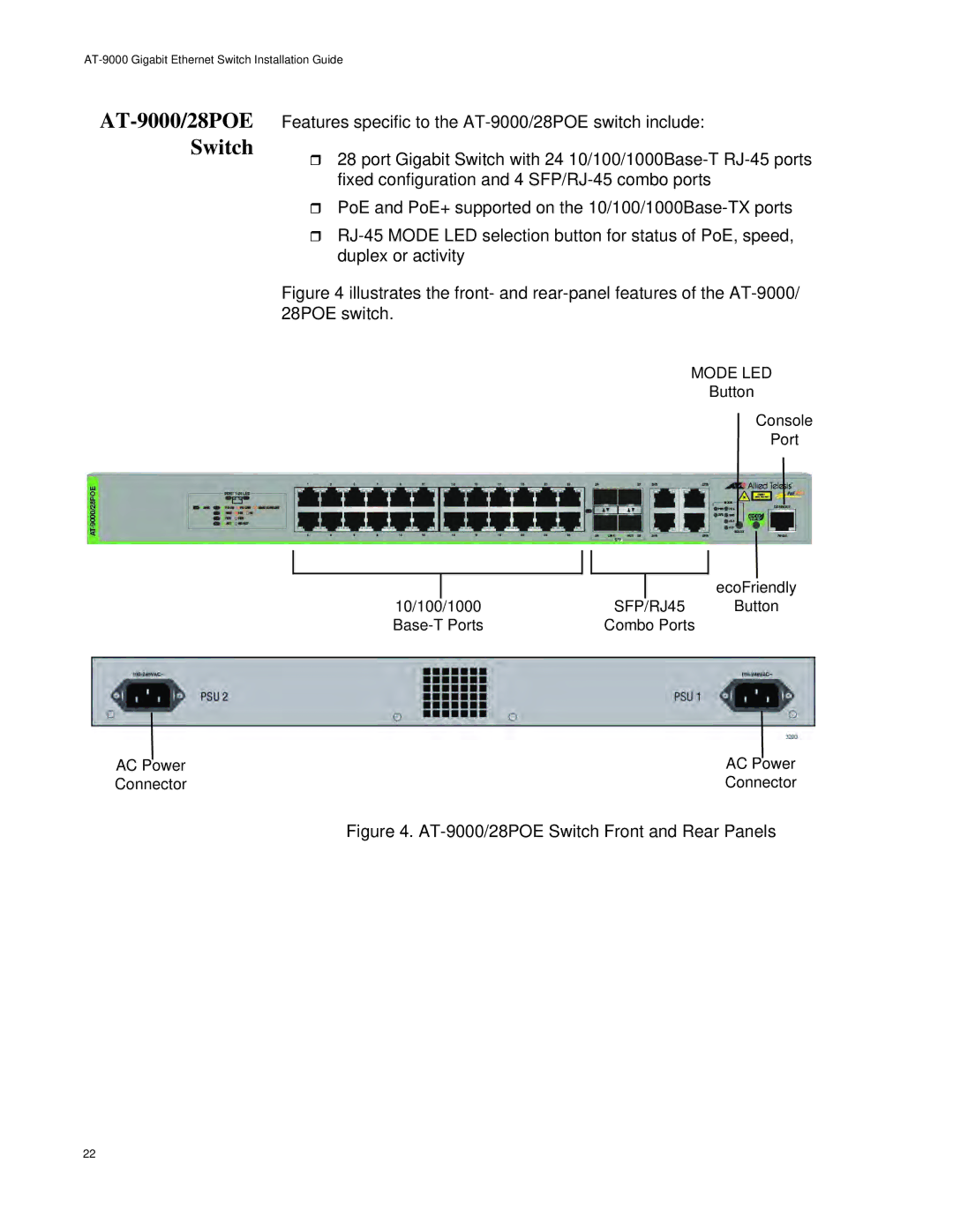 Allied Telesis AT-9000/12POE manual AT-9000/28POE Switch Front and Rear Panels 