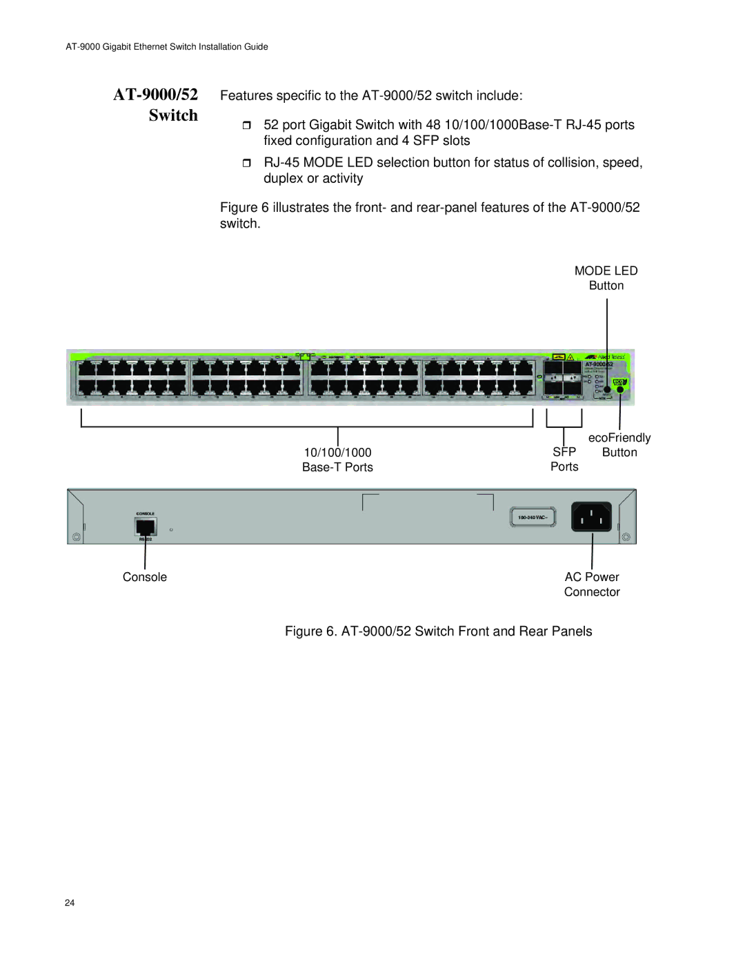 Allied Telesis AT-9000/12POE, AT-9000/28POE manual AT-9000/52 Switch Front and Rear Panels 