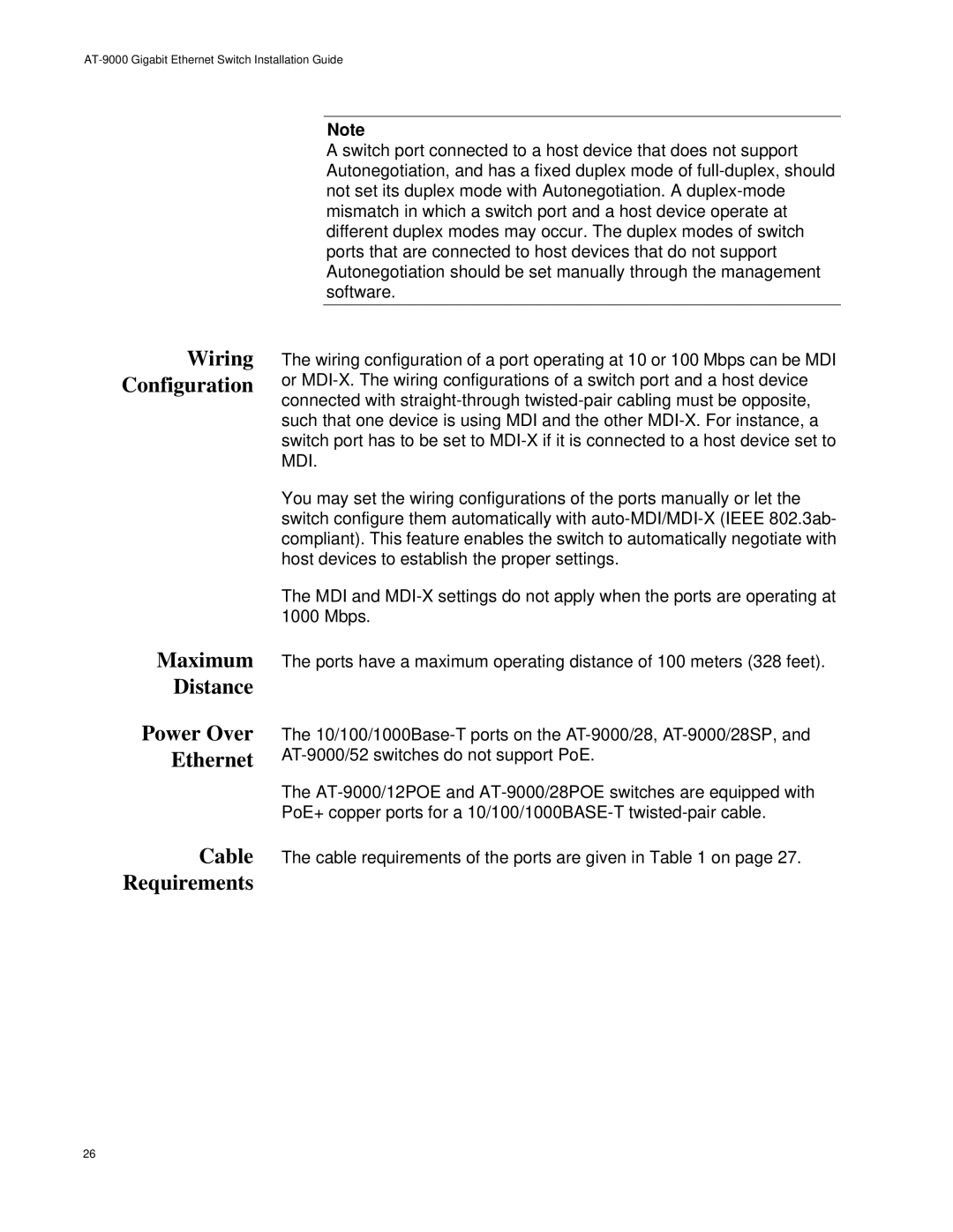 Allied Telesis AT-9000/12POE, AT-9000/28POE manual Wiring Configuration Maximum Distance 