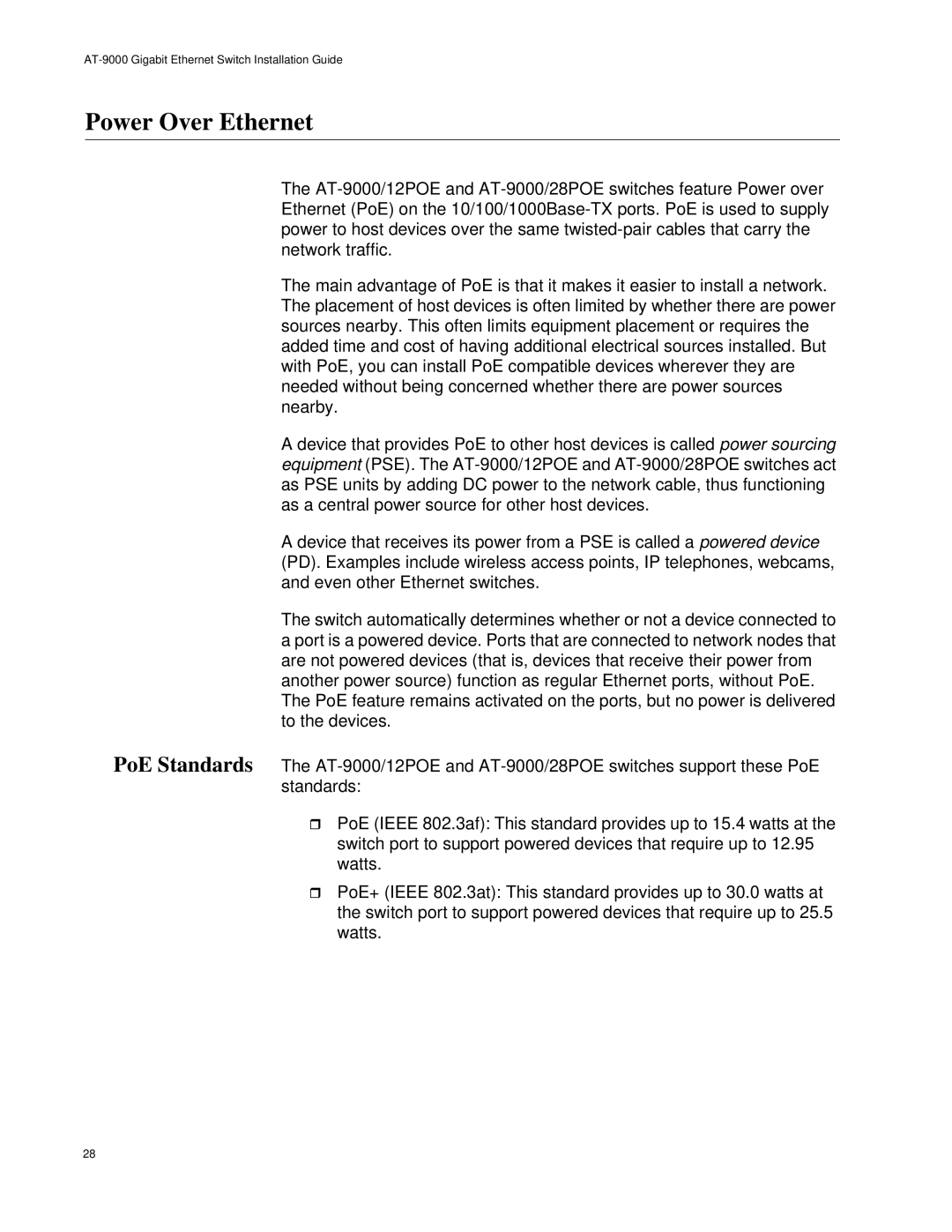 Allied Telesis AT-9000/12POE, AT-9000/28POE manual Power Over Ethernet 