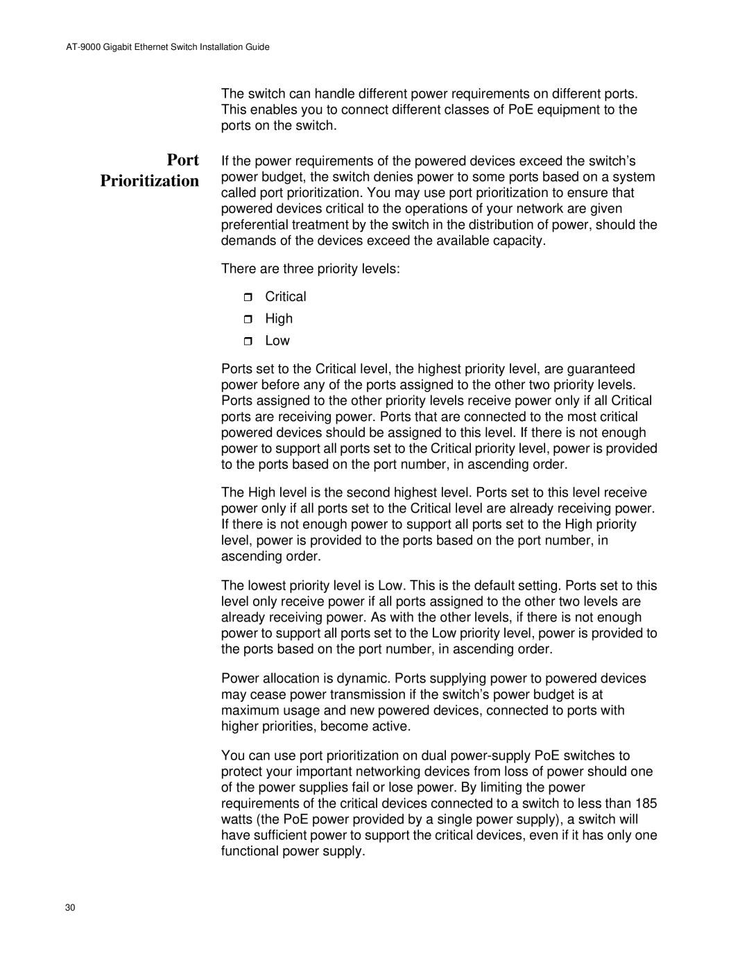 Allied Telesis AT-9000/12POE, AT-9000/28POE manual Port Prioritization 