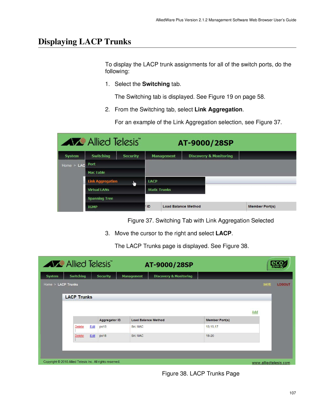 Allied Telesis AT-9000/28SP, AT-9000/52 manual Displaying Lacp Trunks 