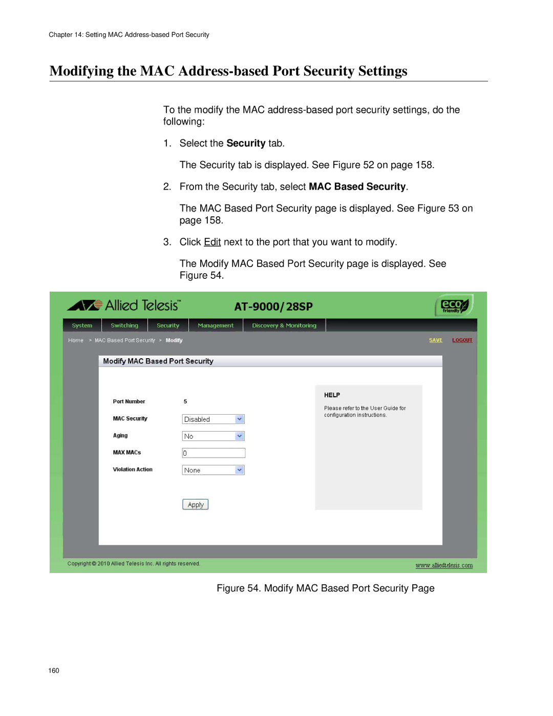 Allied Telesis AT-9000/28 manual Modifying the MAC Address-based Port Security Settings, Modify MAC Based Port Security 