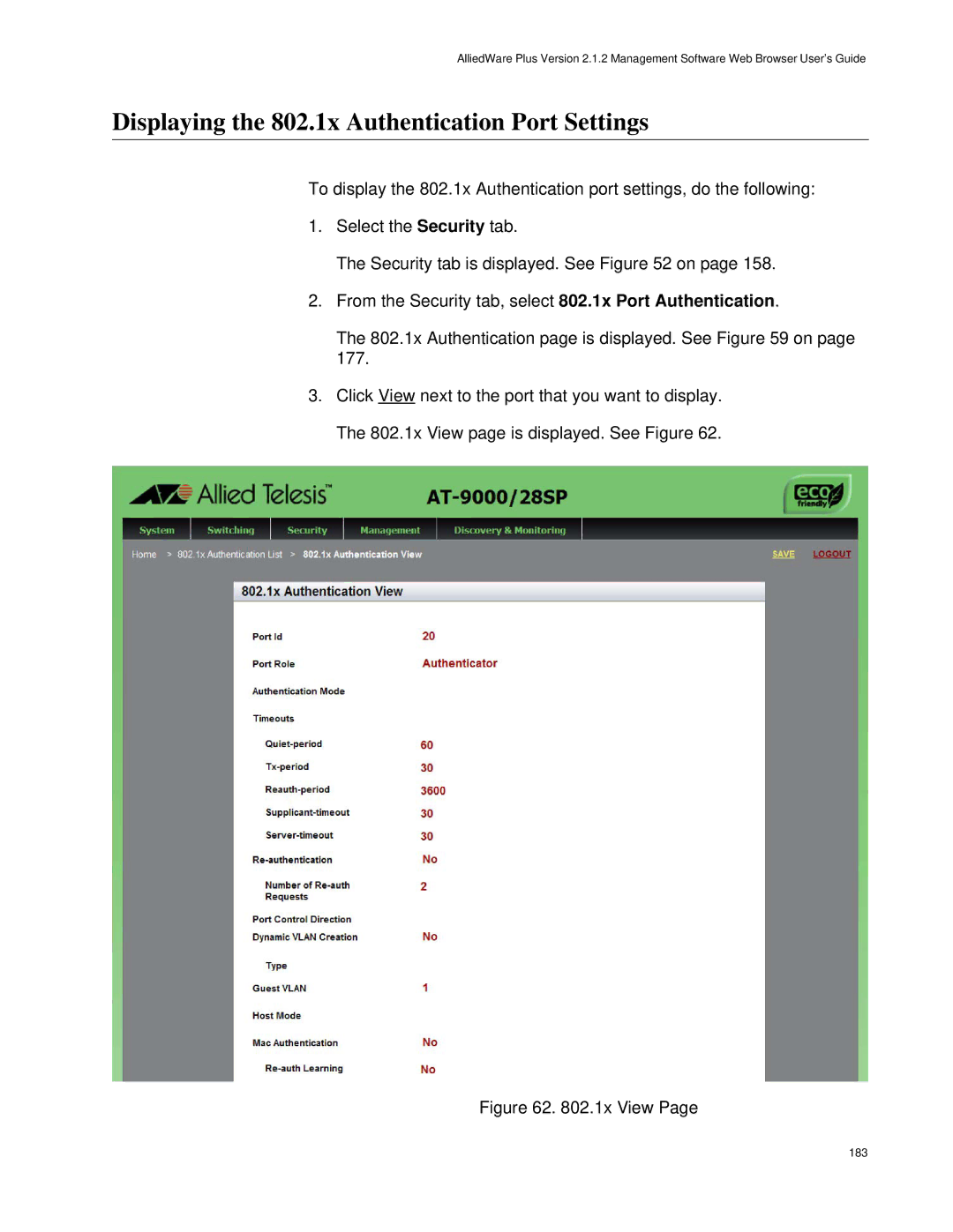 Allied Telesis AT-9000/52, AT-9000/28SP manual Displaying the 802.1x Authentication Port Settings, 1x View 