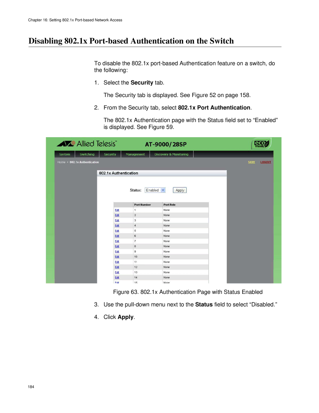 Allied Telesis AT-9000/52, AT-9000/28SP manual Disabling 802.1x Port-based Authentication on the Switch 