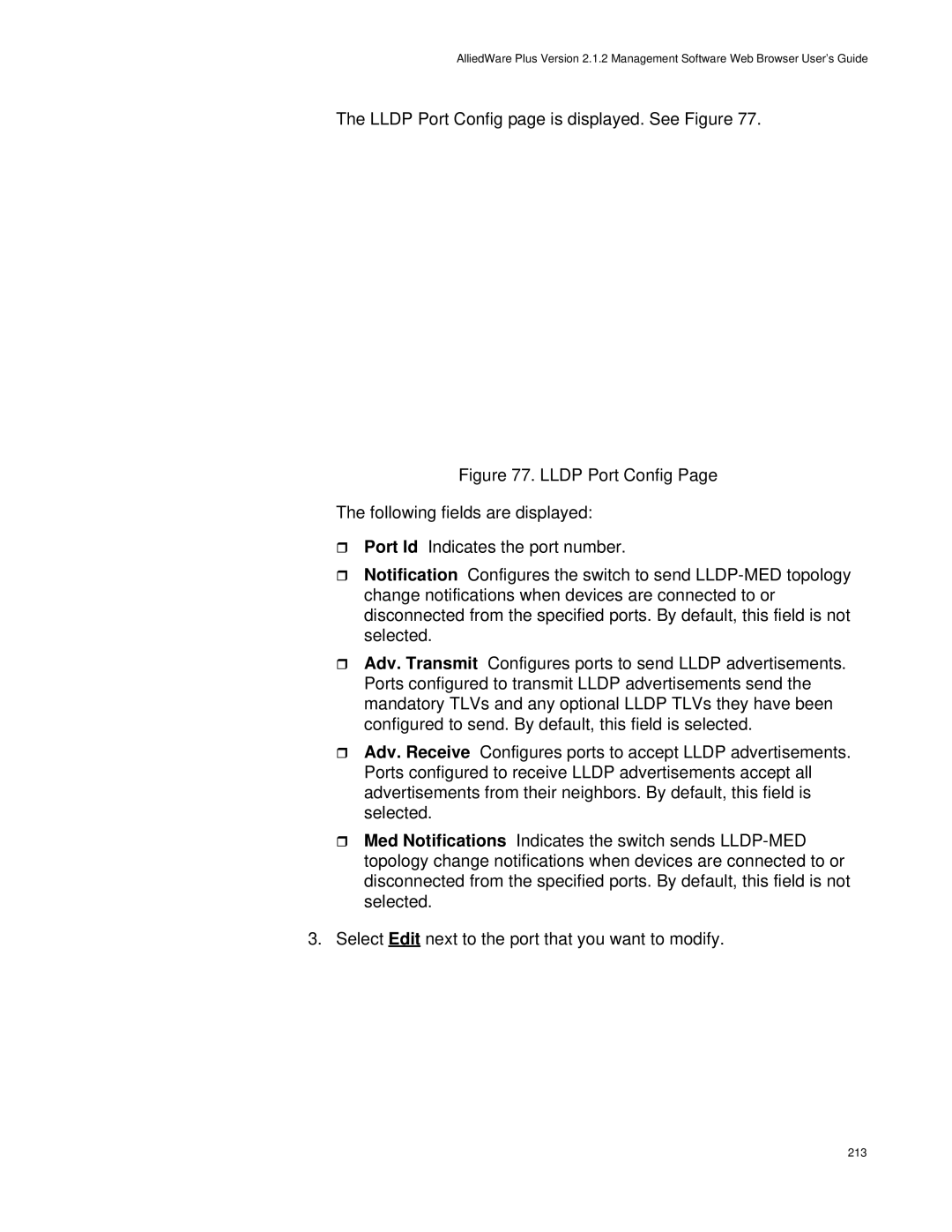 Allied Telesis AT-9000/52, AT-9000/28SP manual Lldp Port Config page is displayed. See Figure 