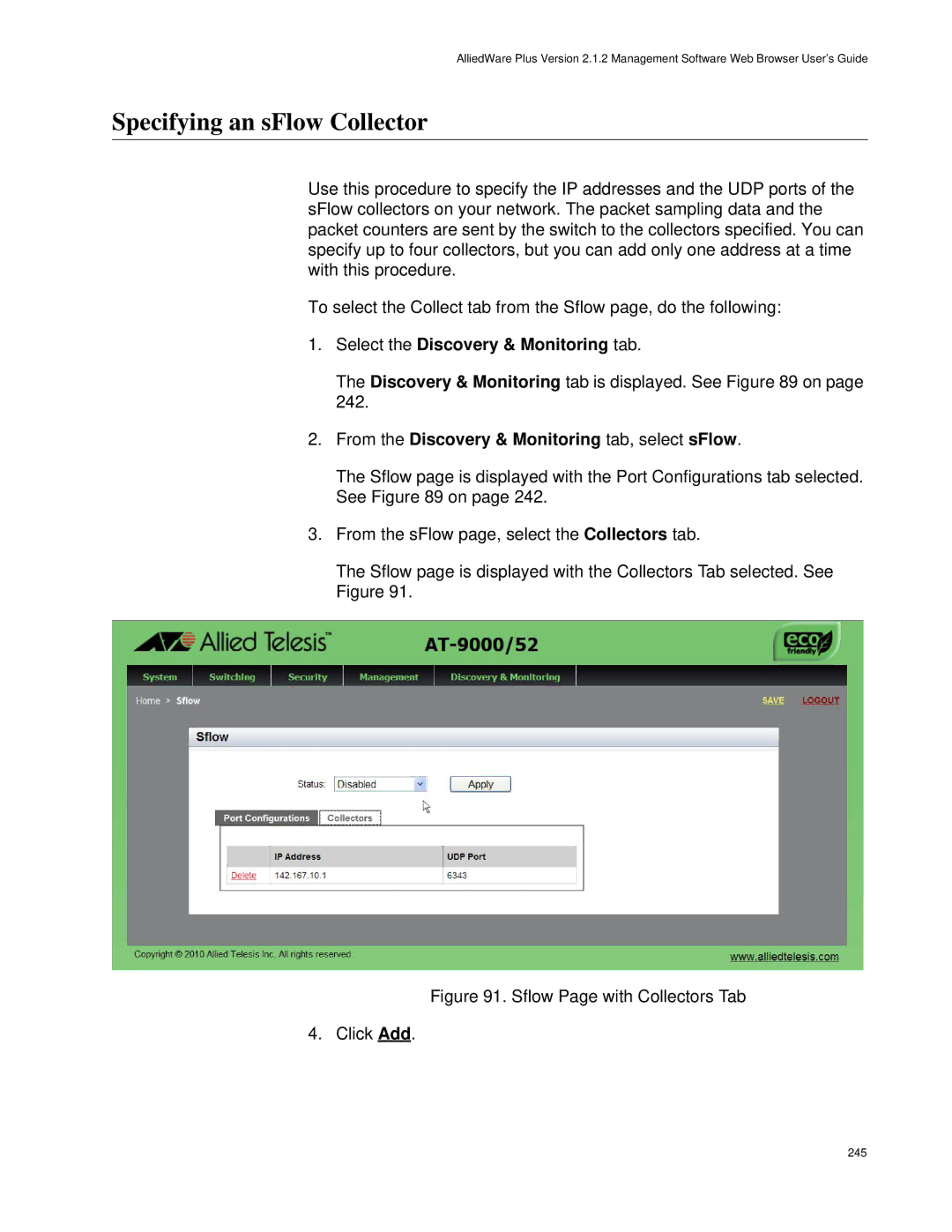 Allied Telesis AT-9000/28SP, AT-9000/52 manual Specifying an sFlow Collector, Sflow Page with Collectors Tab Click Add 