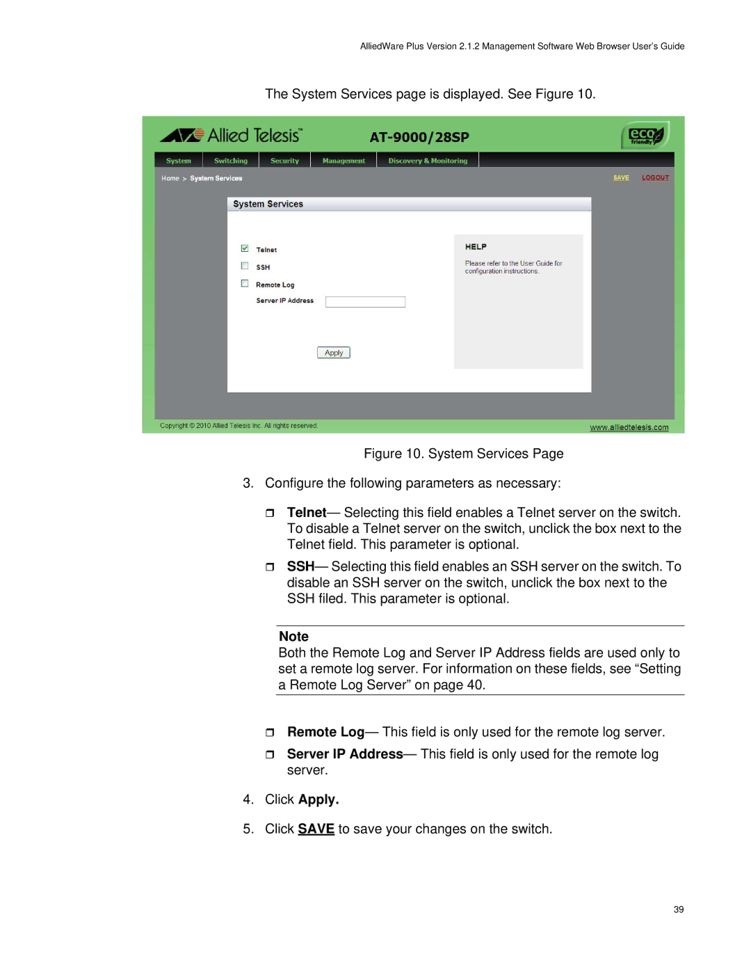 Allied Telesis AT-9000/52, AT-9000/28SP manual System Services page is displayed. See Figure 