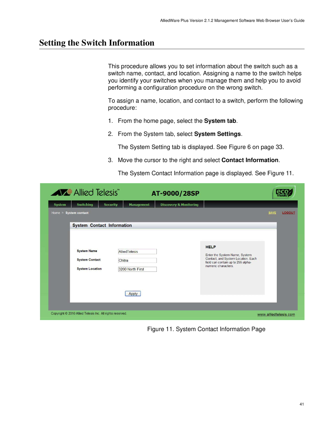 Allied Telesis AT-9000/28SP, AT-9000/52 manual Setting the Switch Information, System Contact Information 