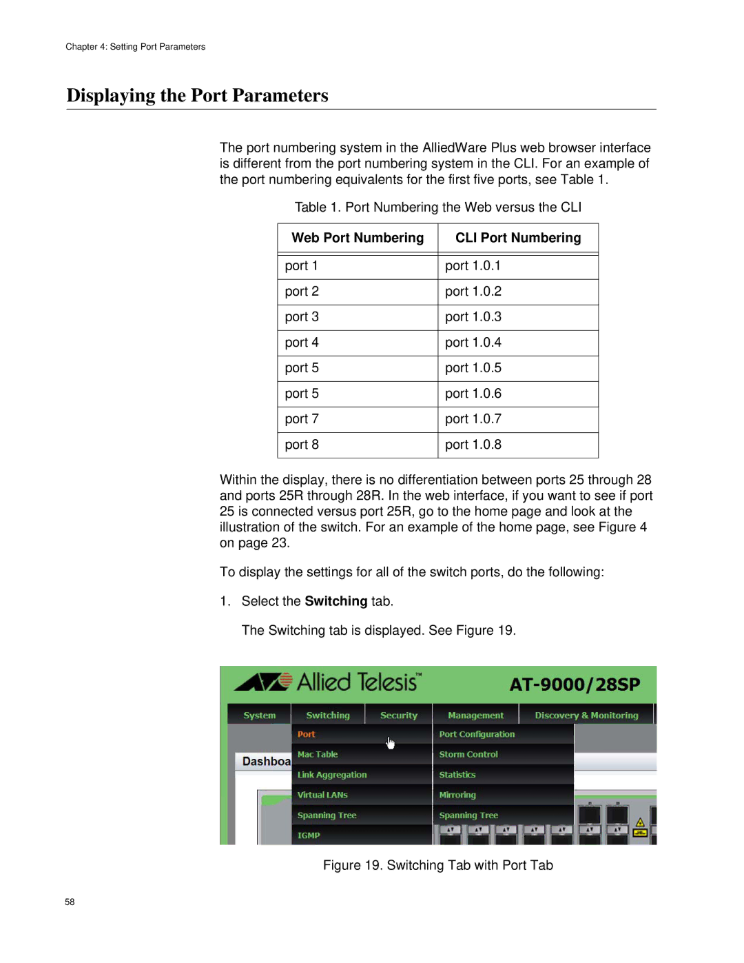 Allied Telesis AT-9000/52, AT-9000/28SP manual Displaying the Port Parameters, Web Port Numbering CLI Port Numbering 