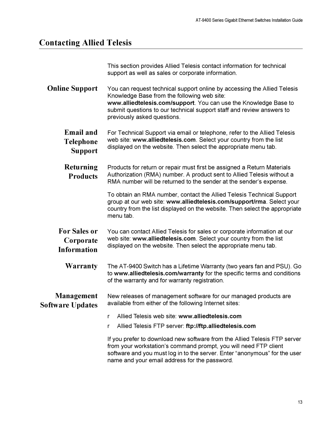 Allied Telesis AT-9408LC/SP, AT-9424T/POE manual Contacting Allied Telesis, Management Software Updates 