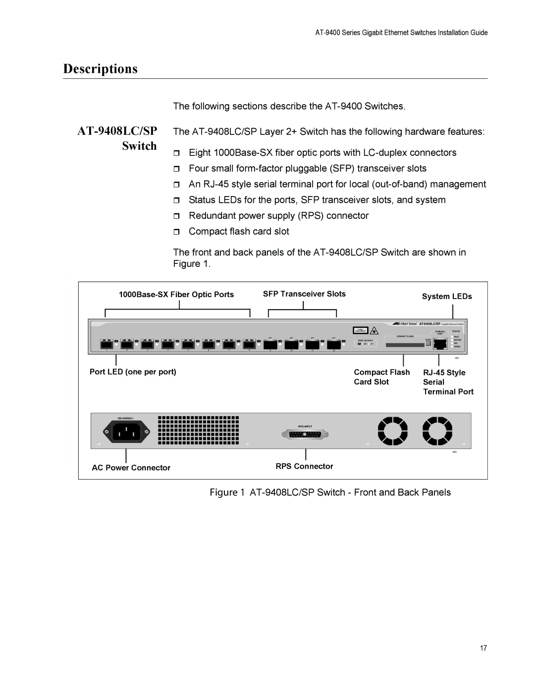 Allied Telesis AT-9424T/POE manual Descriptions, AT-9408LC/SP Switch 