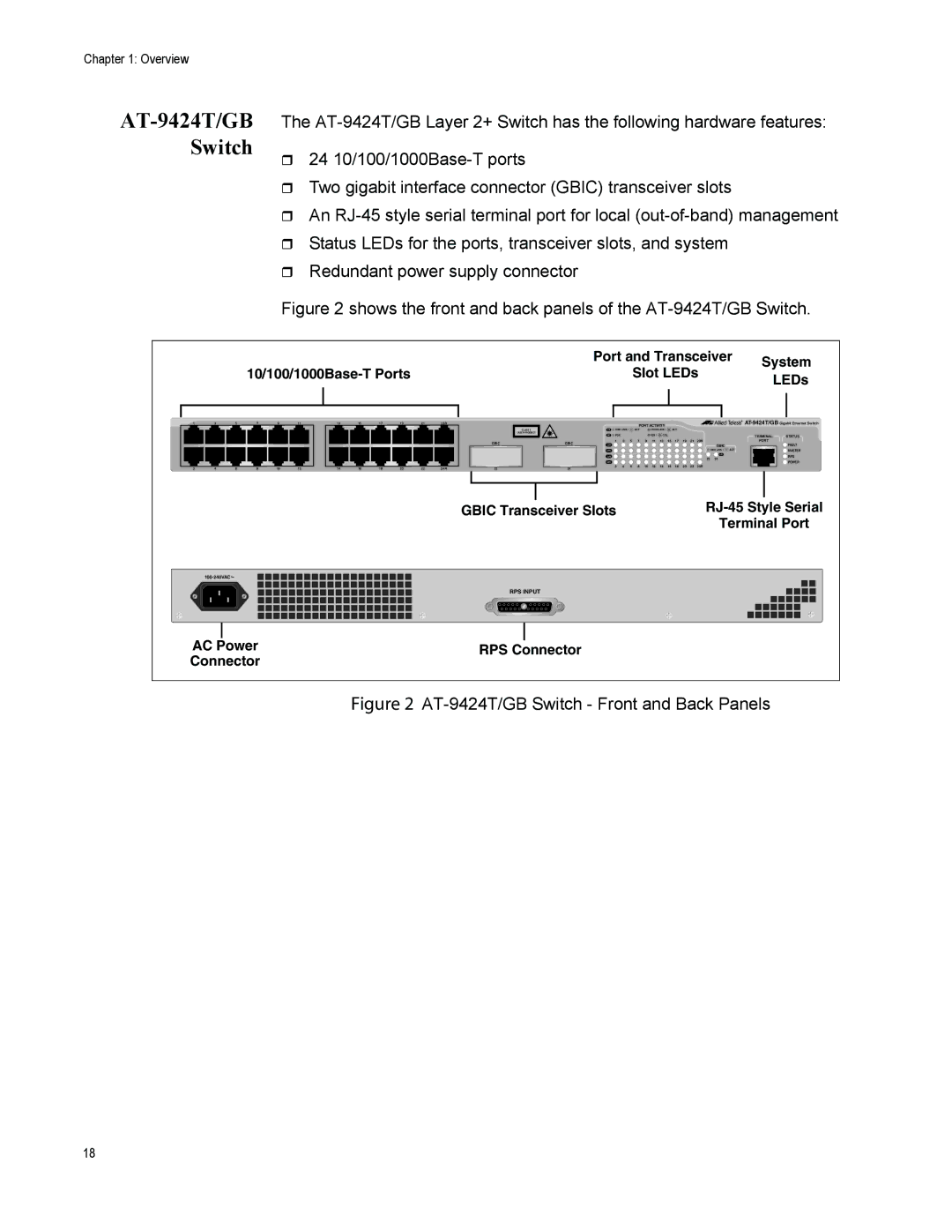 Allied Telesis AT-9424T/POE, AT-9408LC/SP manual Shows the front and back panels of the AT-9424T/GB Switch 