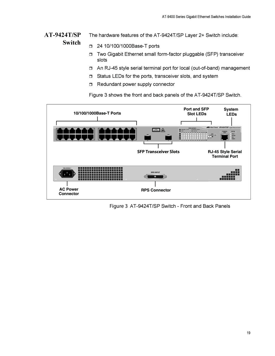 Allied Telesis AT-9408LC/SP, AT-9424T/POE manual AT-9424T/SP Switch, 10/100/1000Base-T Ports Port and SFP System Slot LEDs 