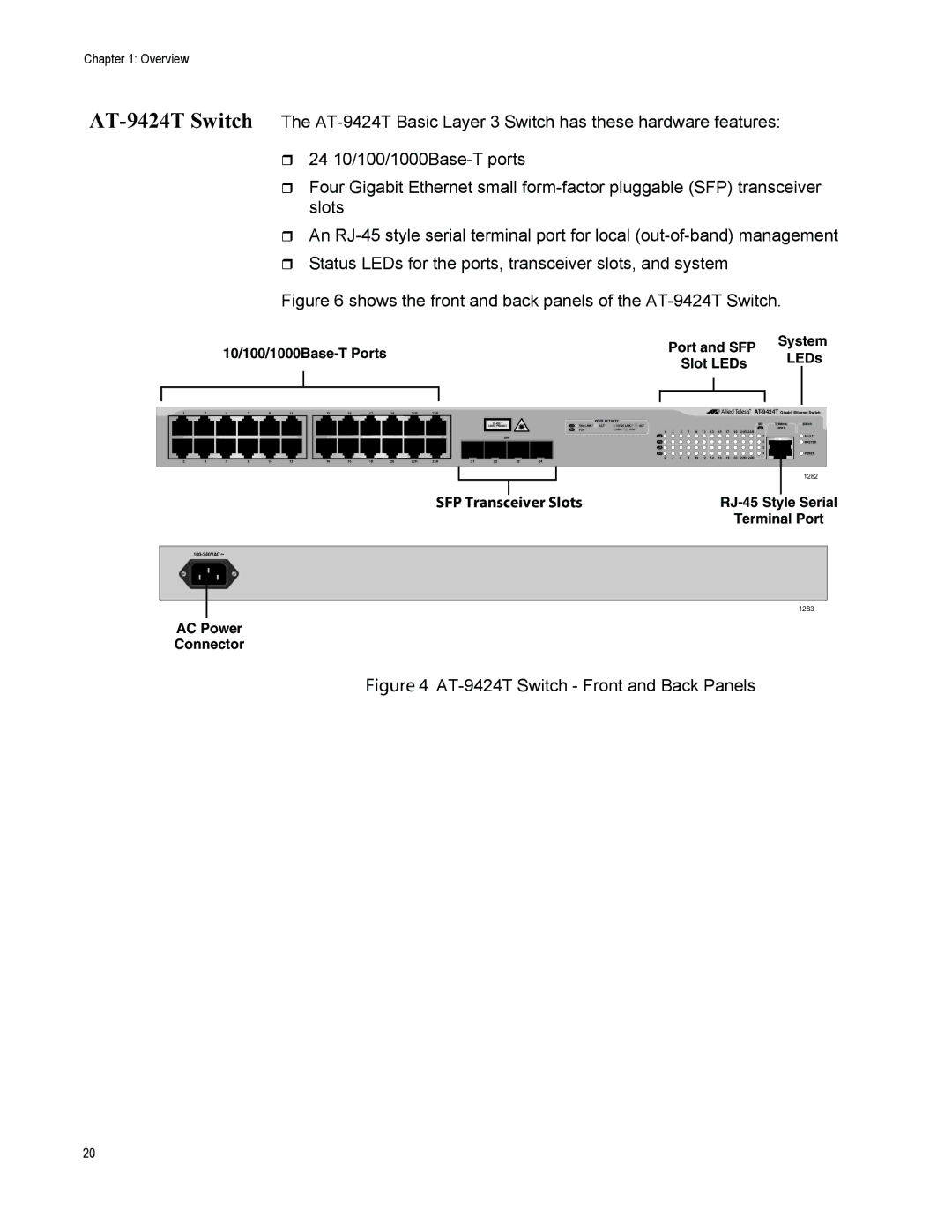 Allied Telesis AT-9424T/POE, AT-9408LC/SP manual Shows the front and back panels of the AT-9424T Switch 