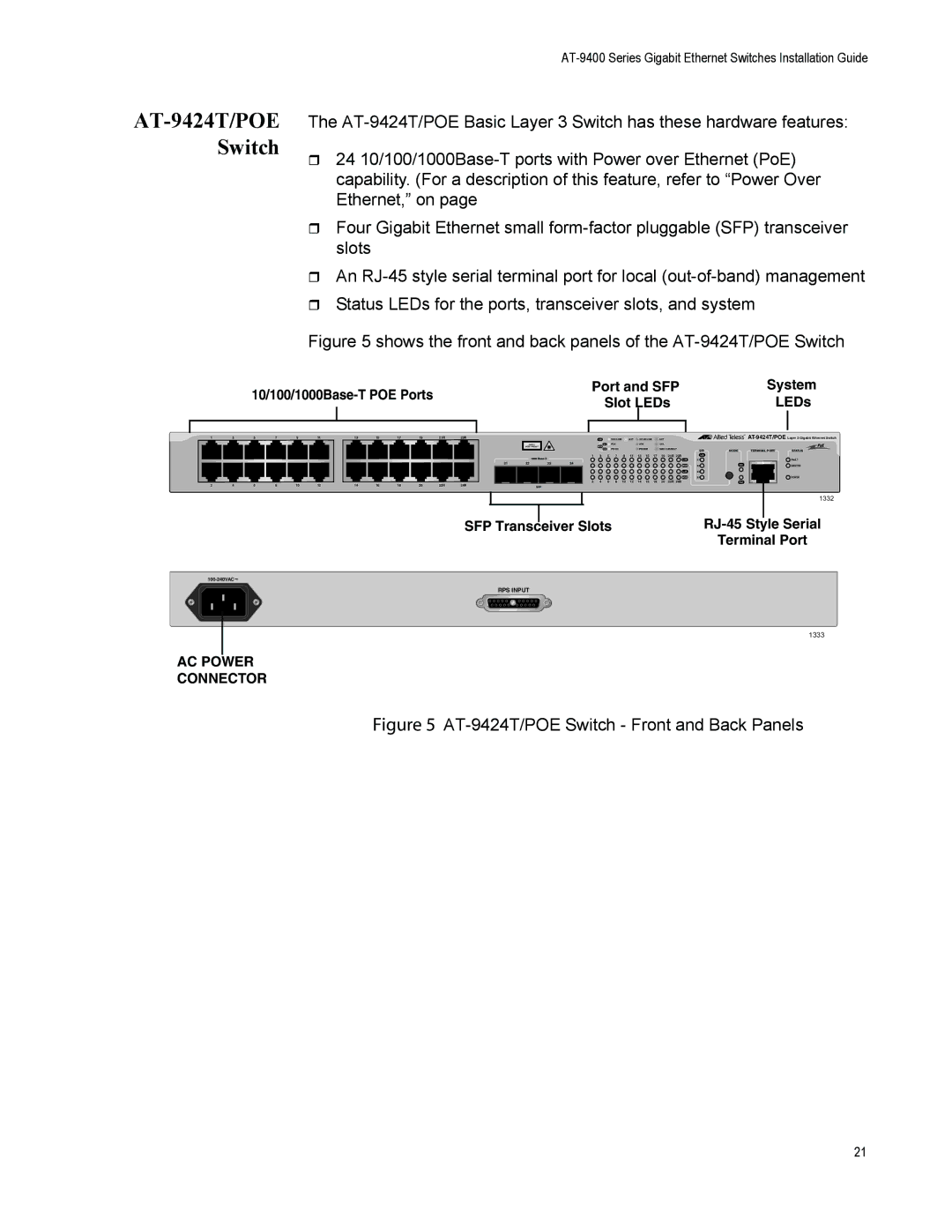 Allied Telesis AT-9408LC/SP manual AT-9424T/POE Switch, 10/100/1000Base-T POE Ports Port and SFP System Slot LEDs 