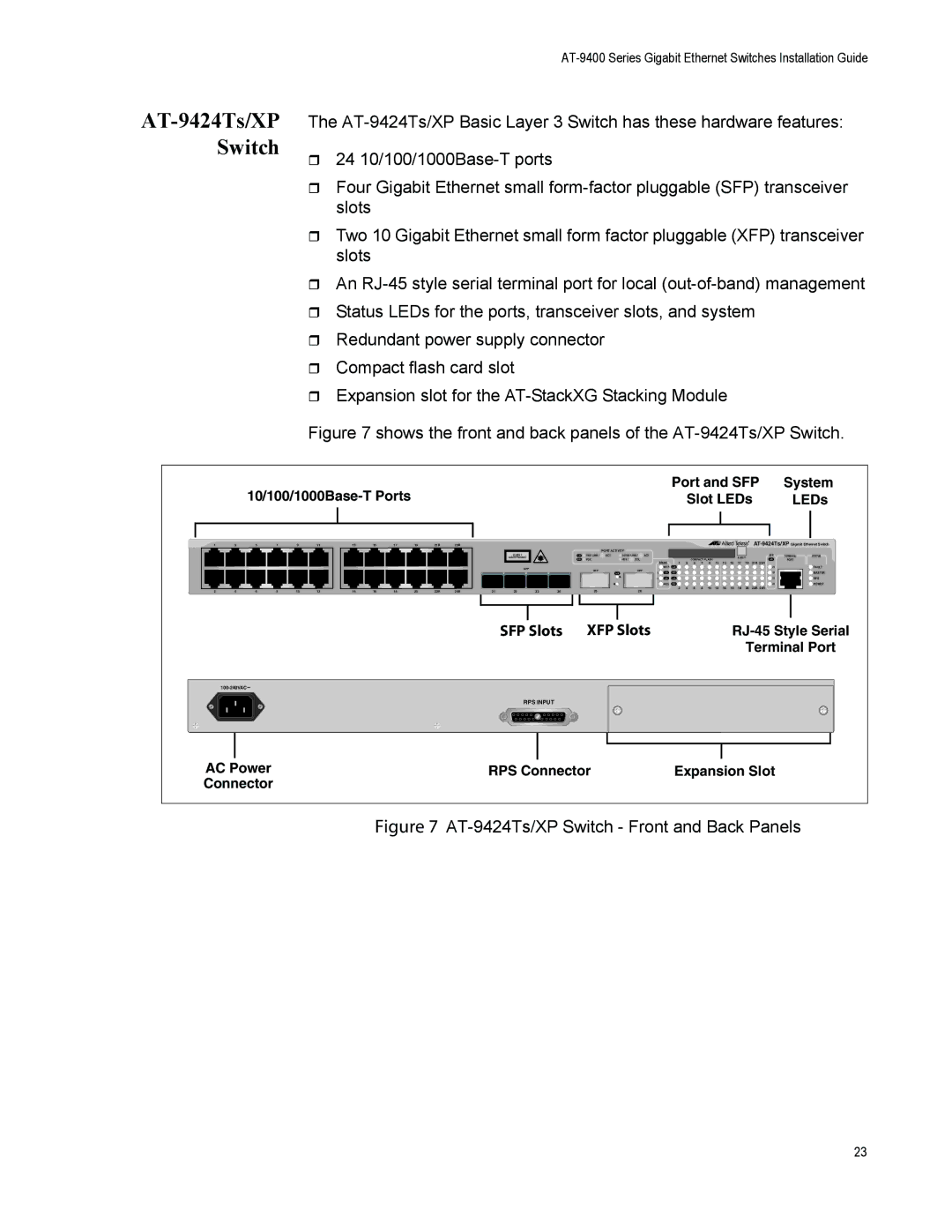 Allied Telesis AT-9408LC/SP, AT-9424T/POE manual AT-9424Ts/XP Switch, SFP Slots XFP Slots 