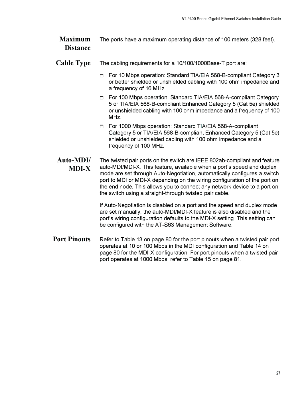 Allied Telesis AT-9408LC/SP, AT-9424T/POE manual Cable Type Auto-MDI/ MDI-X Port Pinouts, Maximum Distance 