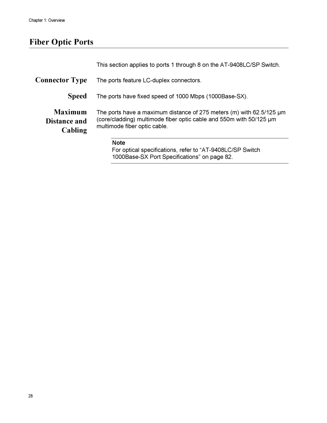 Allied Telesis AT-9424T/POE, AT-9408LC/SP manual Fiber Optic Ports, Connector Type Speed Maximum Distance Cabling 