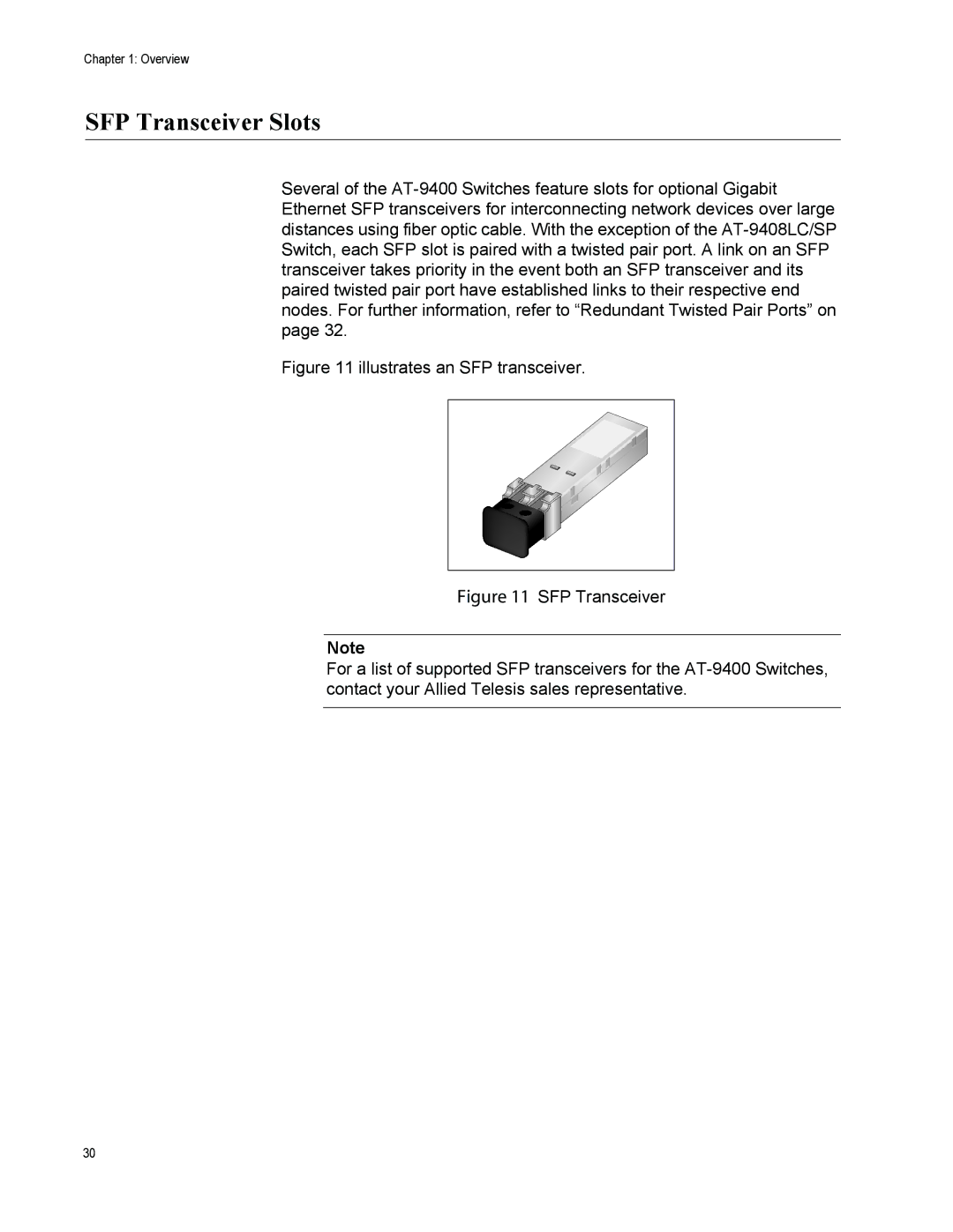 Allied Telesis AT-9424T/POE, AT-9408LC/SP manual SFP Transceiver Slots, Illustrates an SFP transceiver 