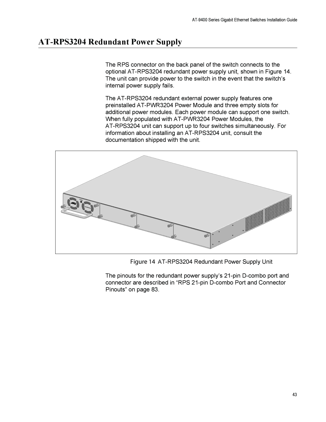 Allied Telesis AT-9408LC/SP, AT-9424T/POE manual AT-RPS3204 Redundant Power Supply 