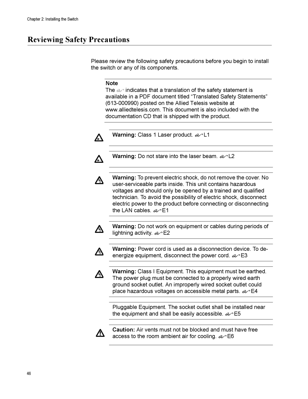 Allied Telesis AT-9424T/POE, AT-9408LC/SP manual Reviewing Safety Precautions 