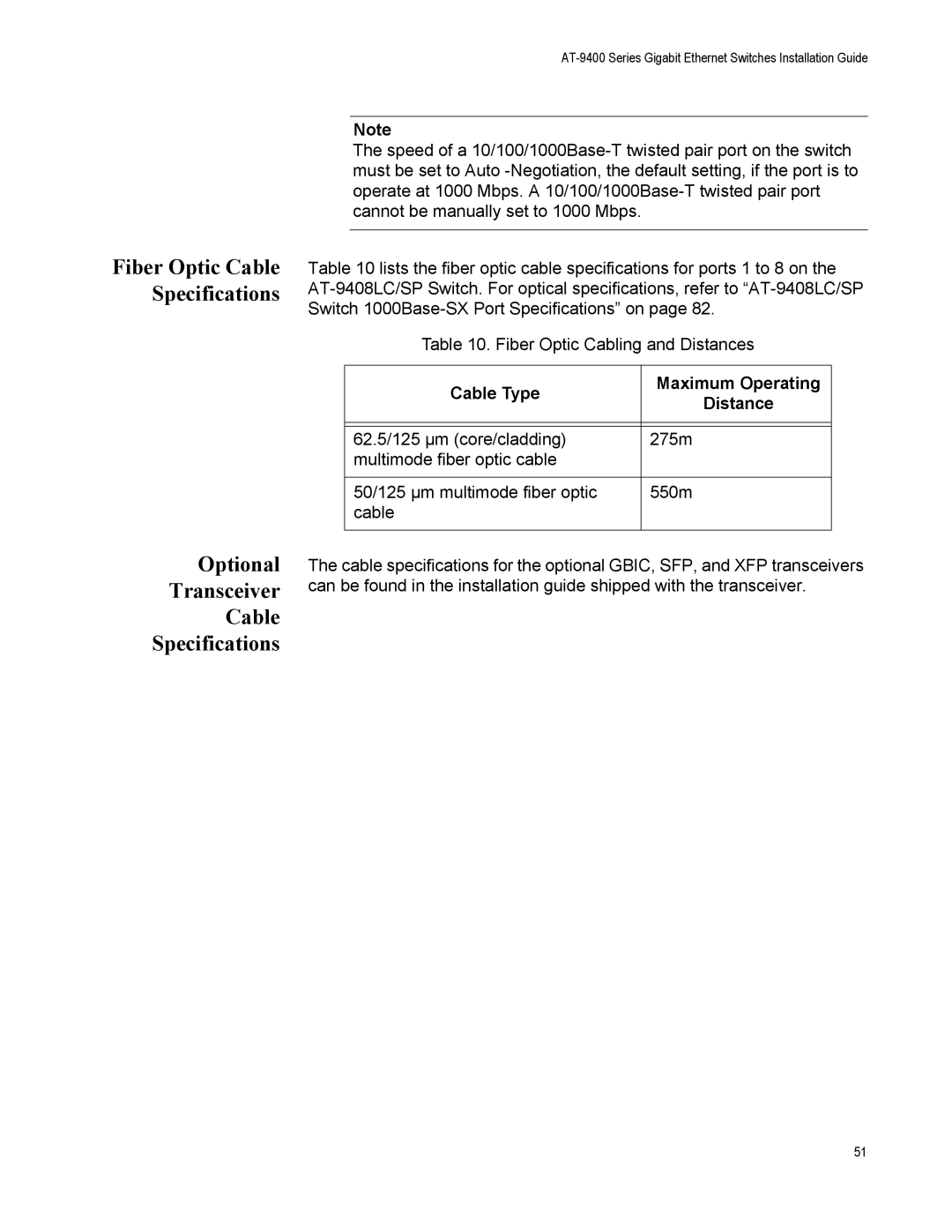 Allied Telesis AT-9408LC/SP, AT-9424T/POE manual Fiber Optic Cable Specifications, Cable Type Maximum Operating 