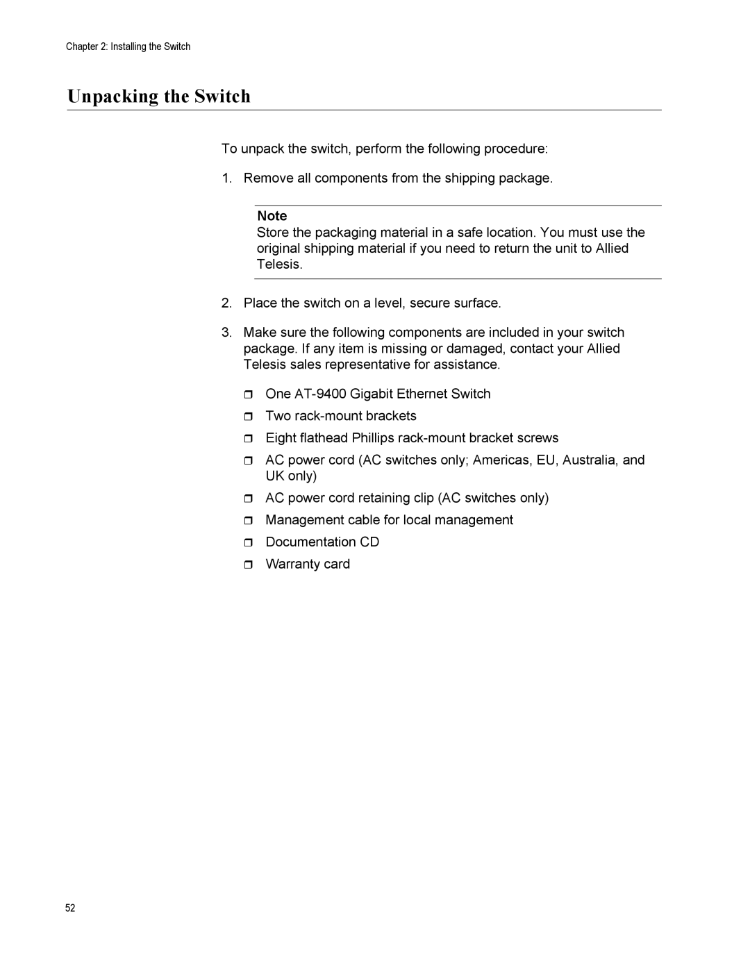 Allied Telesis AT-9424T/POE, AT-9408LC/SP manual Unpacking the Switch 