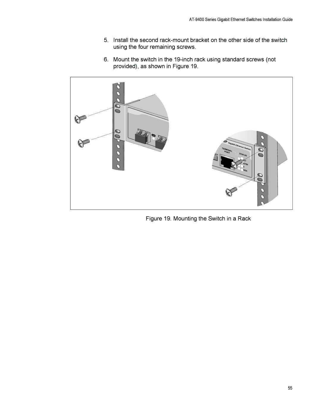 Allied Telesis AT-9408LC/SP, AT-9424T/POE manual Mounting the Switch in a Rack 