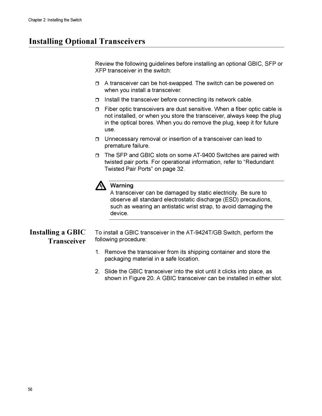 Allied Telesis AT-9424T/POE, AT-9408LC/SP manual Installing Optional Transceivers, Installing a Gbic Transceiver 