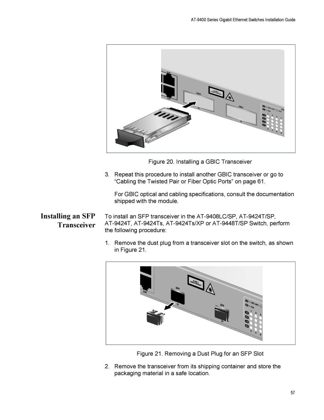 Allied Telesis AT-9408LC/SP, AT-9424T/POE manual Installing an SFP Transceiver 